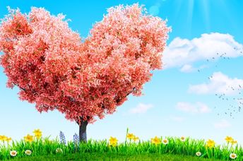 绿草和春天的花朵以树的形状以心形，代表为他人提供帮助。