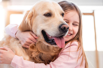 小女孩拥抱她的金毛犬和微笑。