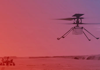 NASA在飞行中的Ingenuity直升机的插图与Rover毅力下面观看。