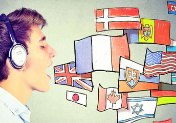 一个年轻人说的多种语言，以国家的旗帜为代表。