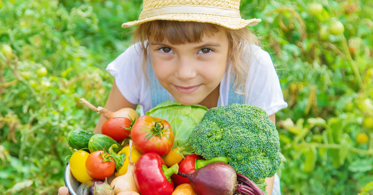 田里的一个小女孩手里拿着一个篮子，里面装满了刚摘下的蔬菜。