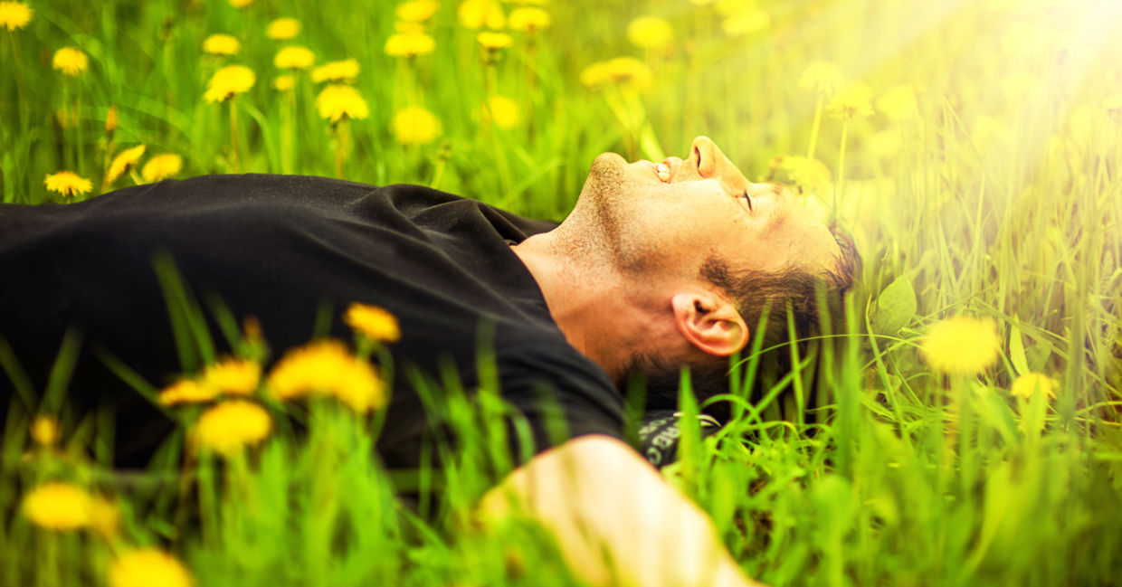 一个人躺在蒲公英的草地上，阳光照在他的笑脸上。